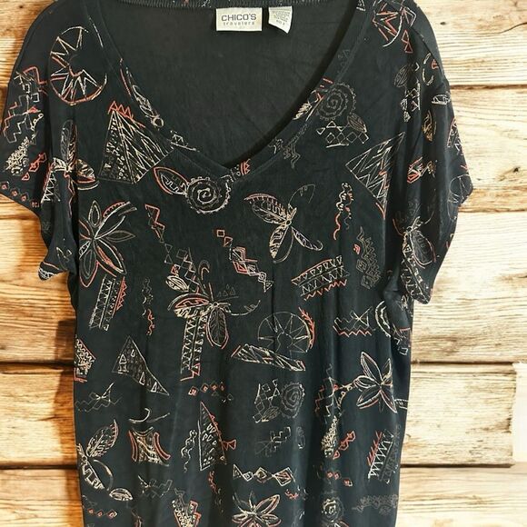 Chico's Travelers Black Abstract Floral V-Neck Short Sleeve Shirt 2‎ Medium - Picture 1 of 7